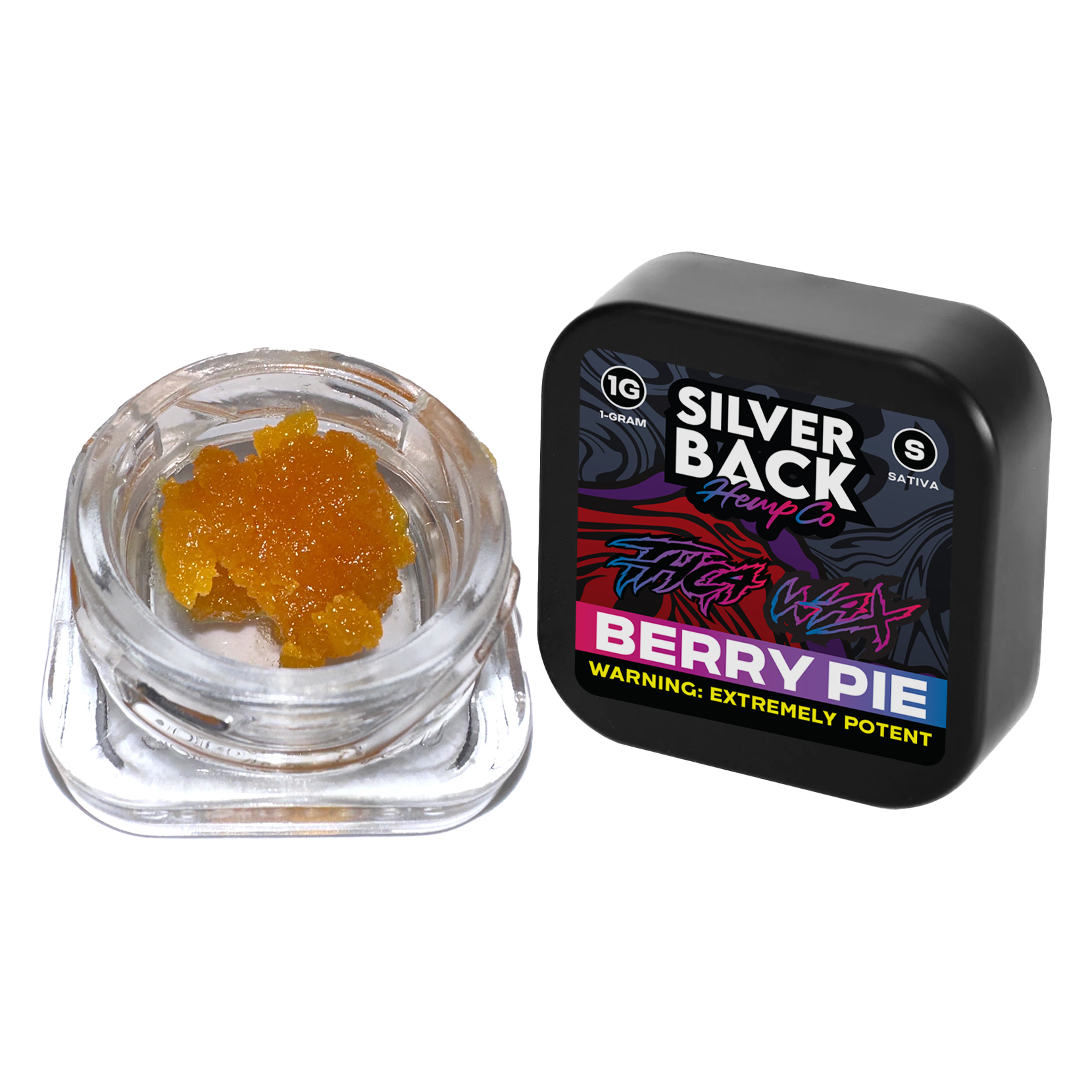 Berry Pie (Sativa): A 1g jar of Silverback Hemp Co. THC-A Wax in Berry Pie flavor, delivering sweet berry notes and an uplifting sativa experience.