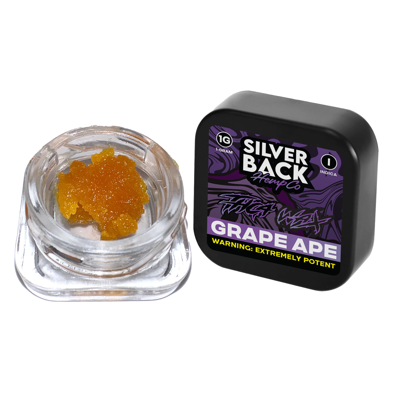 Grape Ape (Indica): A 1g jar of Silverback Hemp Co. THC-A Wax in Grape Ape, featuring rich grape flavors and deeply relaxing indica effects.