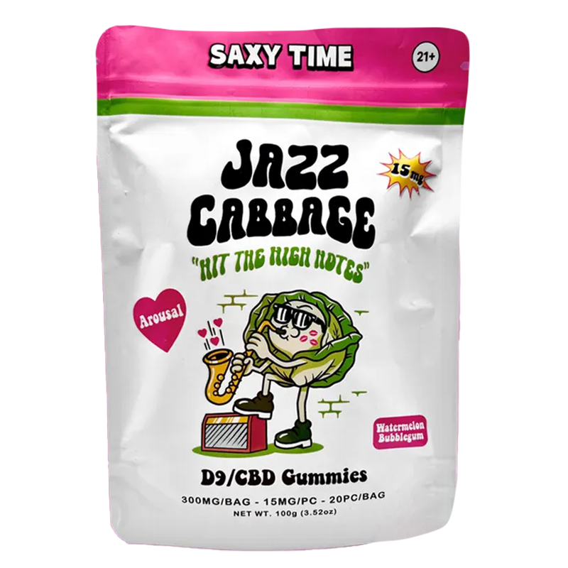 Saxy Time (Watermelon Bubblegum): "Jazz Cabbage Saxy Time Gummies – Watermelon Bubblegum flavor with Delta-9 THC & CBD for relaxation and connection. 15mg per gummy, 300mg per bag