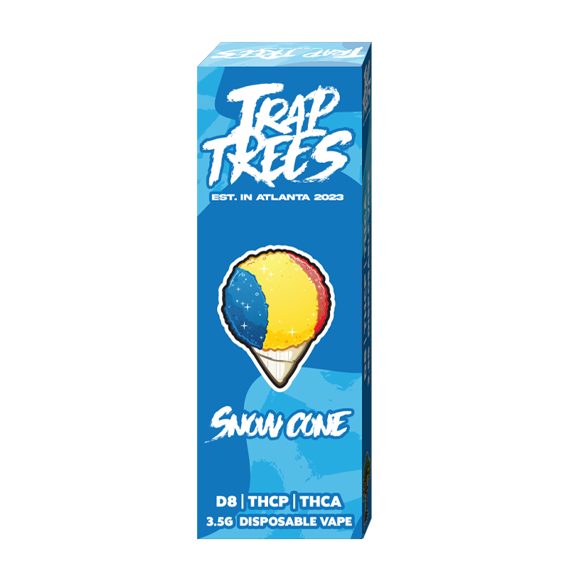 Snow Cone (Sativa): "Trap Trees 3.5 Gram Disposable Vape – Snow Cone, a refreshing and uplifting sativa strain for energizing and clear-headed sessions."