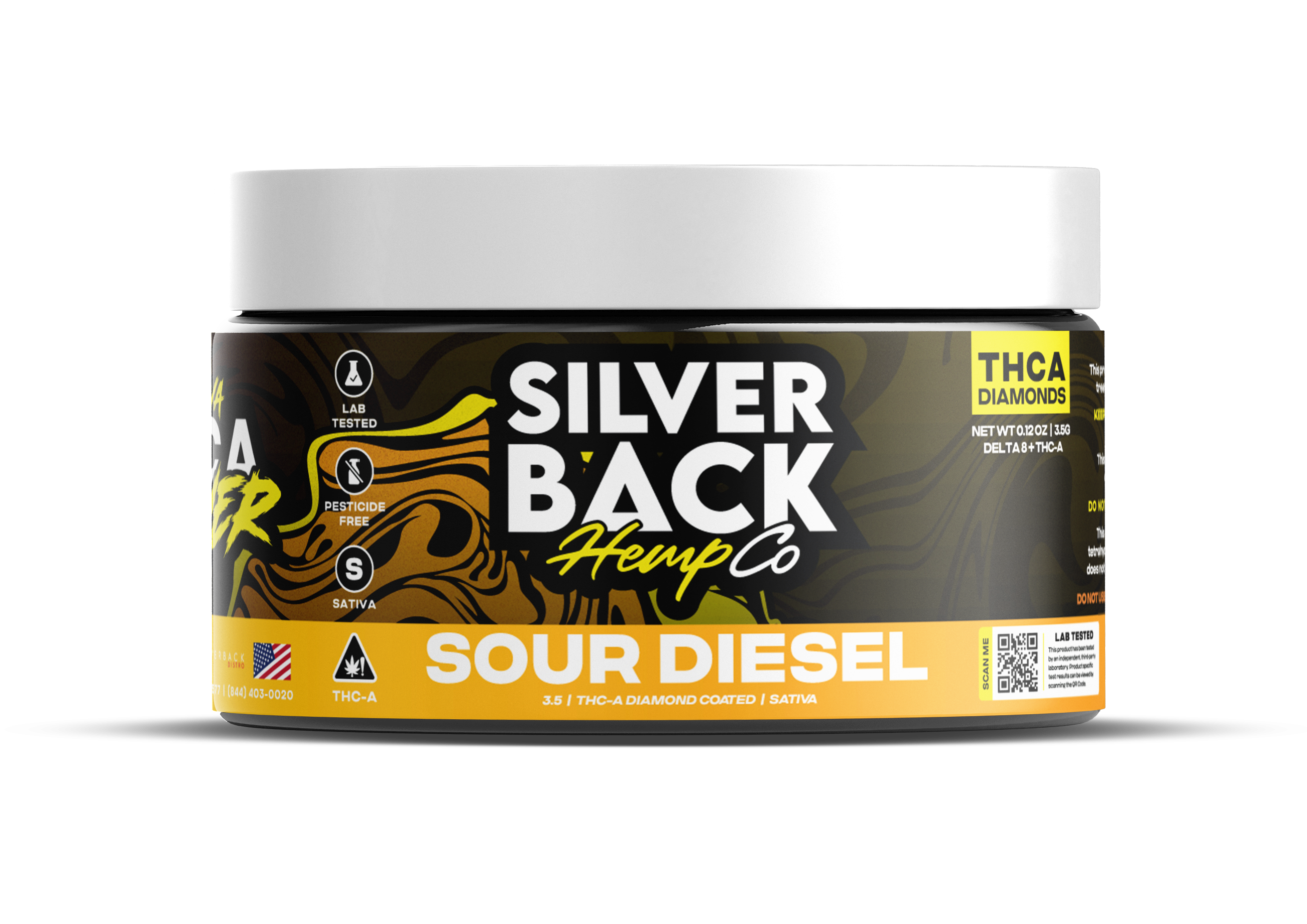 Sour Diesel (Sativa): A close-up of Silverback Hemp Co. THC-A Diamond Coated Flower in Sour Diesel, featuring vibrant buds with a bold, pungent aroma for an energetic high.