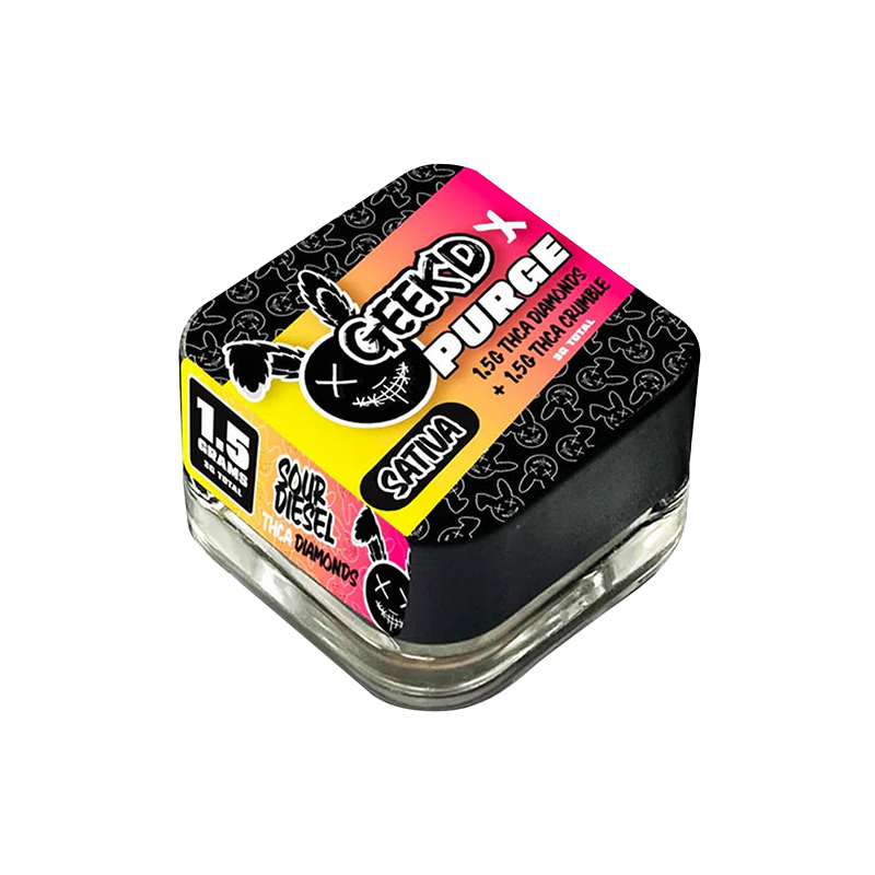 Sour Diesel x Maui Wowie (Sativa): Geek'd x Purge THCA Diamonds + Crumble, Sour Diesel x Maui Wowie Sativa blend, delivering an energizing, uplifting high with flavorful and aromatic terpenes.