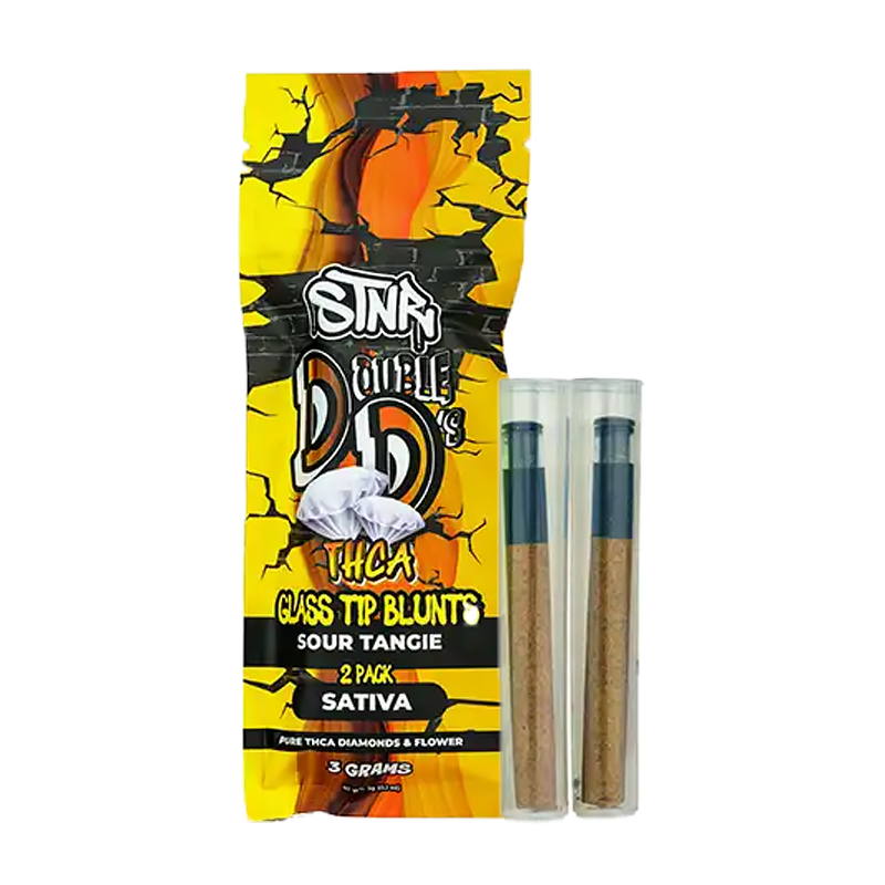 Sour Tangie Double D’s Glass Tip Blunts – Sativa – Energizing Sativa pre-roll infused with THCA & Diamonds, delivering a citrusy, uplifting smoking experience.