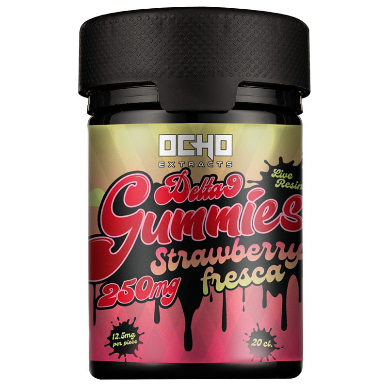Ocho Extracts Delta-9 Gummies in Strawberry Fresca flavor, featuring fresh, sweet strawberries for a delightful, fruity taste with every bite.