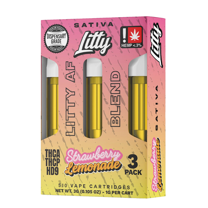Strawberry Lemonade (Sativa): "Litty AF Blend 1g Cartridge – Strawberry Lemonade, a juicy mix of strawberries and tart lemons for a vibrant, uplifting flavor.