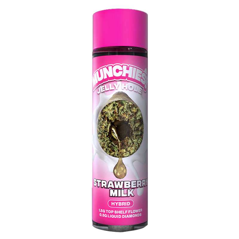 Strawberry Milk Delta Munchies Jelly Hole – Hybrid – A balanced Hybrid pre-roll with creamy strawberry flavors, featuring a potent THCA blend.