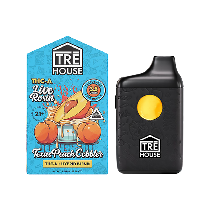 Hybrid Texas Peach Cobbler: "Tre House Live Rosin Liquid Diamonds Disposable – Hybrid Texas Peach Cobbler for a sweet, flavorful experience with Delta-8, Delta-9, and THC-P."