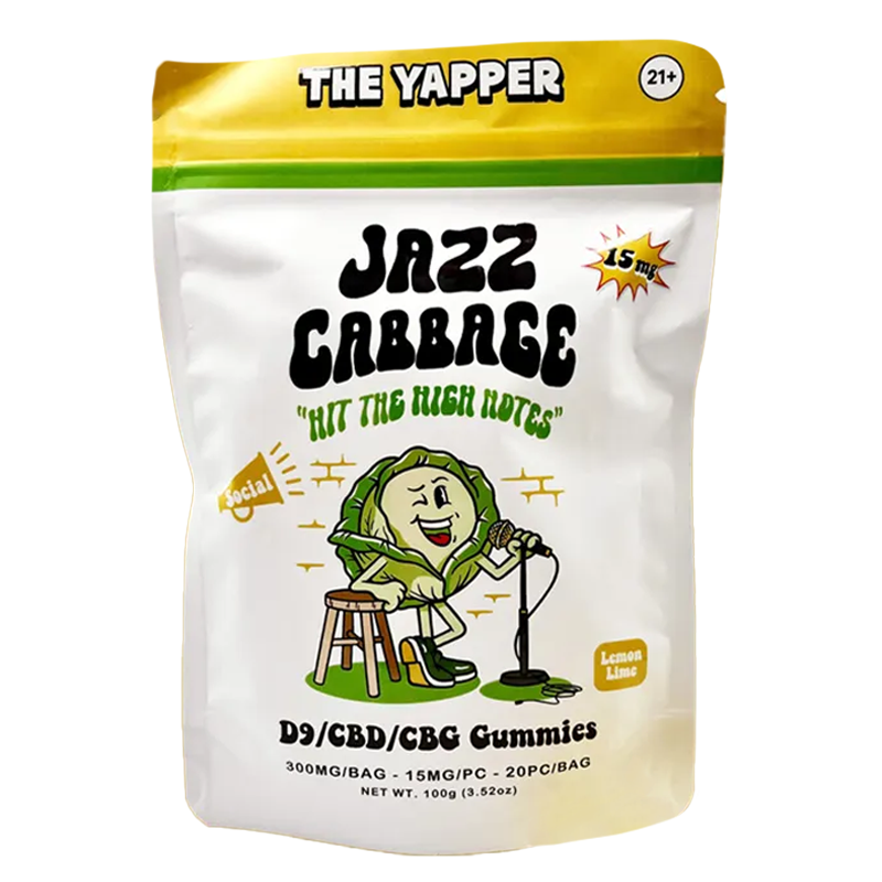 The Yapper (Lemon Lime): "Jazz Cabbage The Yapper Gummies – Lemon Lime flavor with Delta-9 THC, CBD & CBG for creativity and social energy. 15mg per gummy, 300mg per bag.