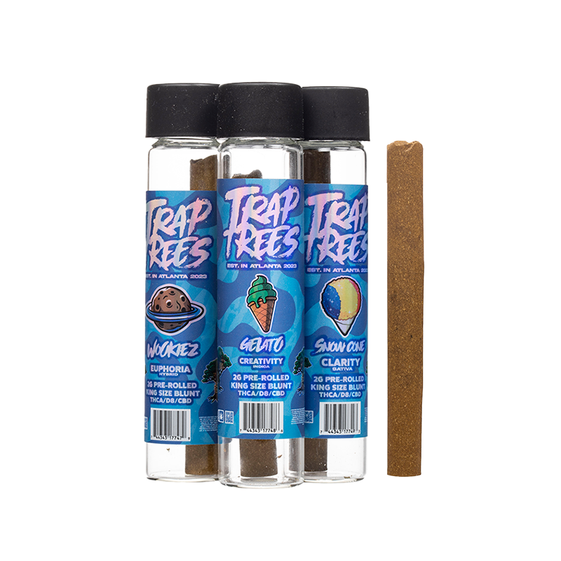 Trap Trees Pre-Rolled Kief Blunt Collection – 2G Delta-8, THC-A & THC-P – A premium lineup of king-sized, kief-coated blunts available in Sativa, Indica & Hybrid strains.
