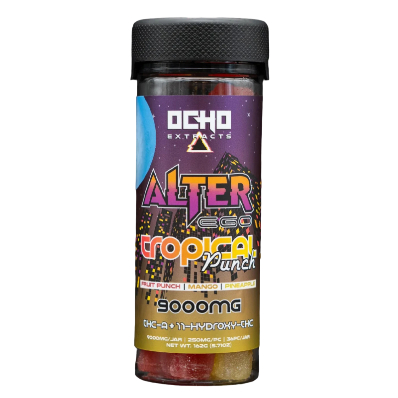 Tropical Punch: Ocho Extracts Alter Ego Gummies, Tropical Punch flavor, delivering a tropical, fruity experience with a powerful blend of THC-A and 11-Hydroxy-THC for a blissful high.