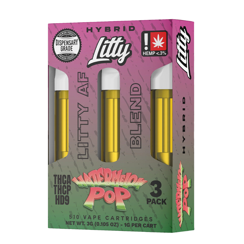 Watermelon Pop (Hybrid): "Litty AF Blend 1g Cartridge – Watermelon Pop, a sweet watermelon flavor with a sugary twist, reminiscent of a summer treat."