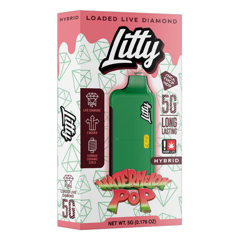Watermelon Pop (Hybrid): "Litty Loaded Live Diamond Disposable 5g – Watermelon Pop, a hybrid strain with juicy watermelon flavor for a refreshing, balanced high