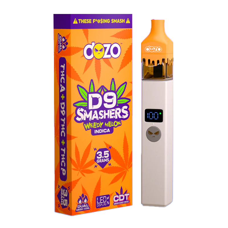 Weedy Melon (Indica): "Dozo D9 Smashers Disposable – Weedy Melon, an indica strain offering deep relaxation with a fresh, watermelon flavor."