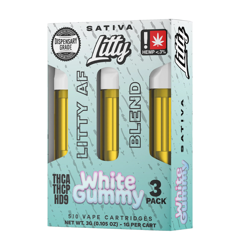 White Gummy (Sativa): "Litty AF Blend 1g Cartridge – White Gummy, a chewy, mixed fruit candy flavor for a sweet, smooth vaping experience.