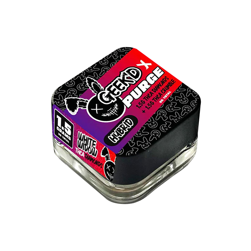 White Widow x Runtz OG (Hybrid): Geek'd x Purge THCA Diamonds + Crumble, White Widow x Runtz OG Hybrid blend, offering a balanced high with complex flavors and potent THC-A effects.