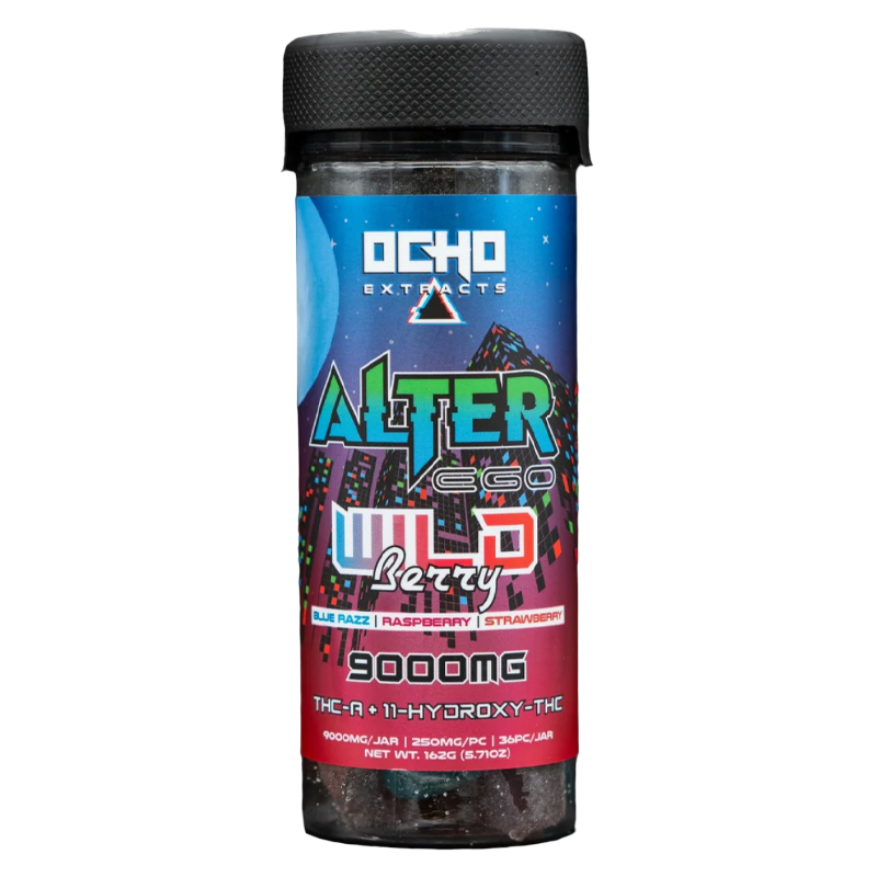 Wild Berry: Ocho Extracts Alter Ego Gummies, Wild Berry flavor, a rich and tangy berry blend infused with THC-A and 11-Hydroxy-THC, providing a long-lasting euphoric experience.