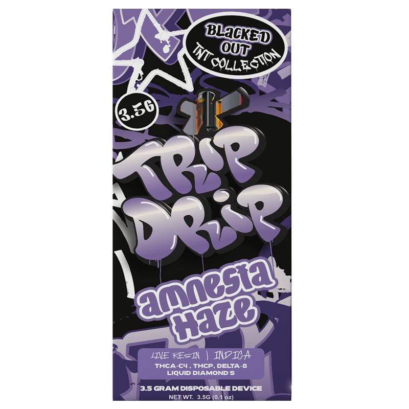 Amnesia Haze (Sativa): A Trip Drip TNT Blacked Out Disposable Vape in Amnesia Haze, delivering uplifting sativa effects with a blend of THCA-C4, THC-P, and Delta-8 Liquid Diamonds.
