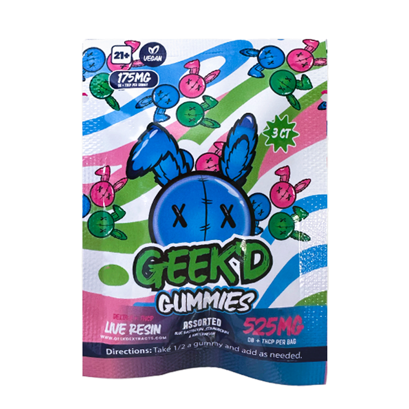 Geek'd Delta-8 + THC-P Gummies - Assorted flavors of Blue Raspberry, Strawberry, and Watermelon, delivering 125mg of potent, vegan-infused goodness per gummy.