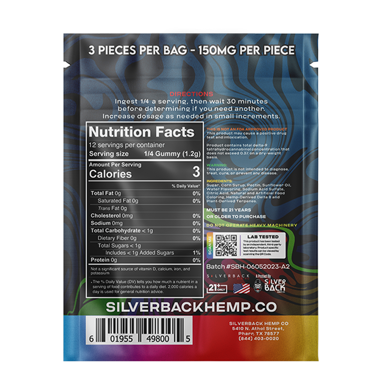 Silverback Hemp Co. REGRET Gummies in assorted fruit flavors, featuring a high-potency blend of Delta-8, Delta-9, THC-P, THC-H, Hydroxy, and CBD for a powerful experience.