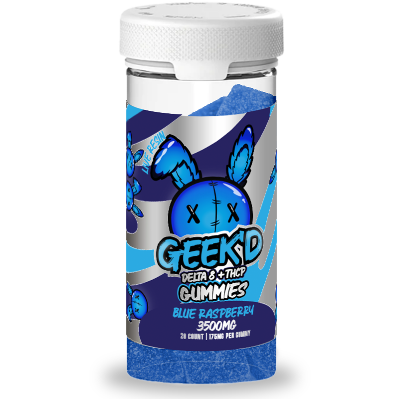 Blue Razz: A jar of Geek'd Delta 8 + THCP Gummies in Blue Razz flavor, delivering a potent blend of Delta-8 and THC-P in a smooth, sweet gummy.