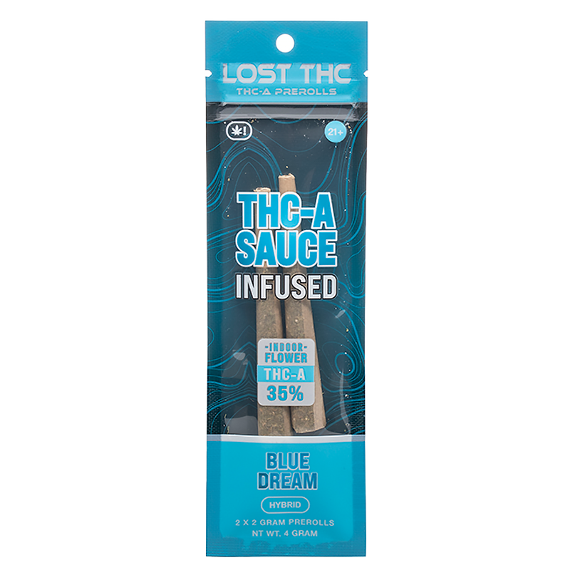 Blue Dream Lost THC THCA Pre-Roll – Hybrid – A balanced Hybrid pre-roll with smooth blueberry notes & THCA sauce infusion.