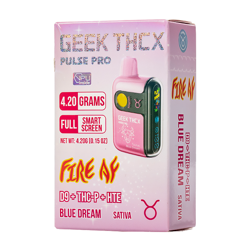 Blue Dream (Taurus) Geek THCX Pulse Pro Fire AF – Sativa – Uplifting Sativa vape with sweet blueberry flavors, infused with 4.2g of Delta 9, THCP & HTE.