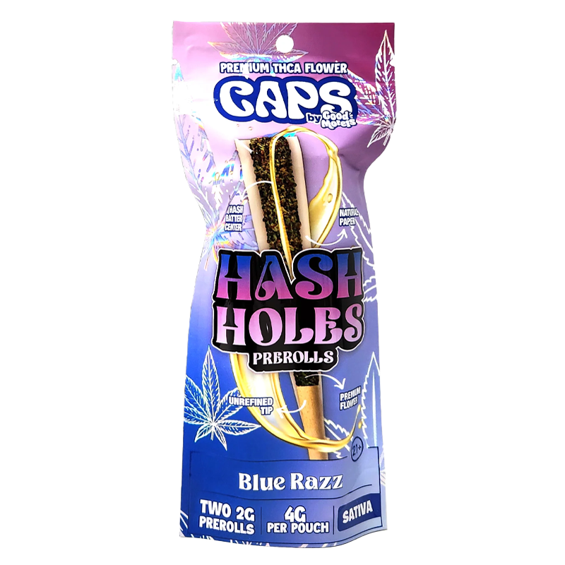 Blue Razz CAPS THCA Hash Hole Pre-Roll – Sativa – A bold blue raspberry-flavored Sativa pre-roll infused with THCA, CBD & CBG for a smooth, uplifting high.