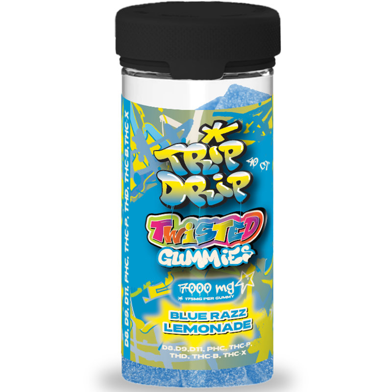 Blue Razz Lemonade: A jar of Trip Drip Twisted Gummies featuring a Blue Razz Lemonade mix, combining tangy berry and zesty citrus flavors with 175mg of cannabinoids per gummy.
