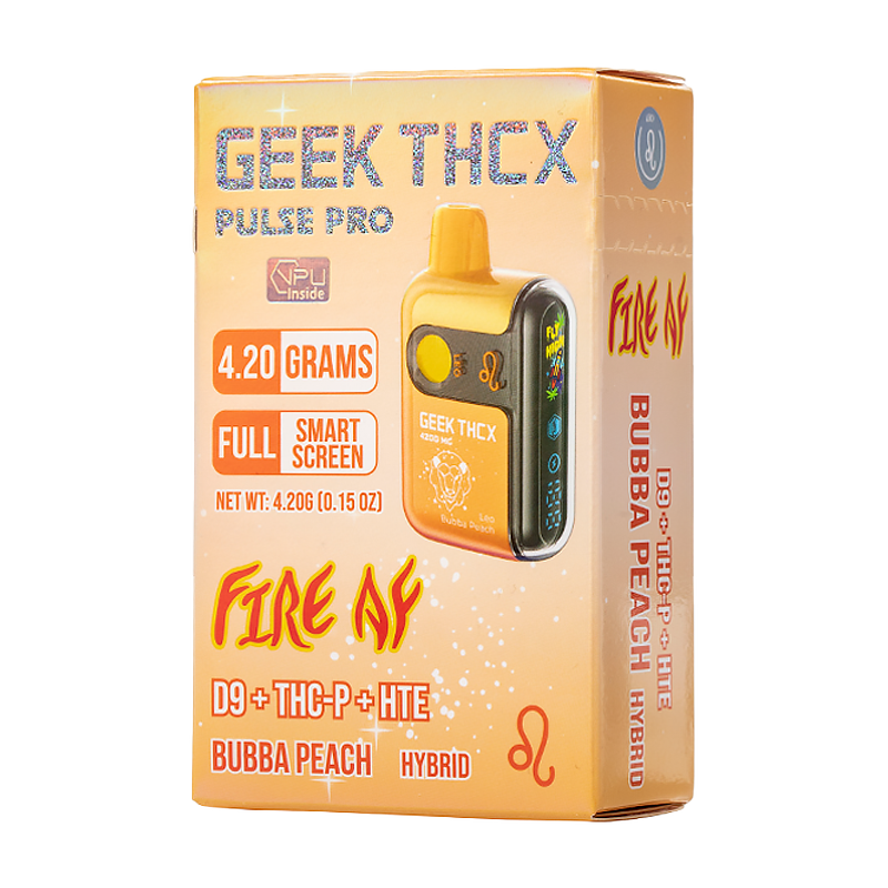 Bubba Peach (Leo) Geek THCX Pulse Pro Fire AF – Hybrid – Juicy peach-flavored Hybrid vape with balanced effects, powered by Delta 9, THCP & HTE.