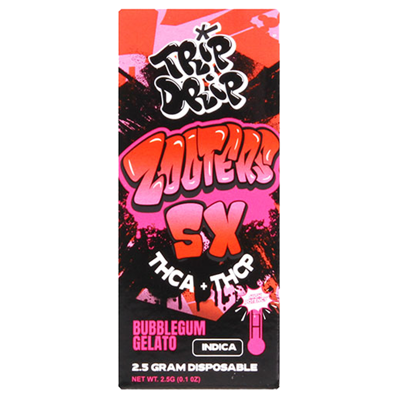 Bubblegum Gelato (Indica): A Trip Drip Zooters 5x Disposable Vape in Bubblegum Gelato, delivering a smooth, calming indica high with sweet, dessert-like flavors.