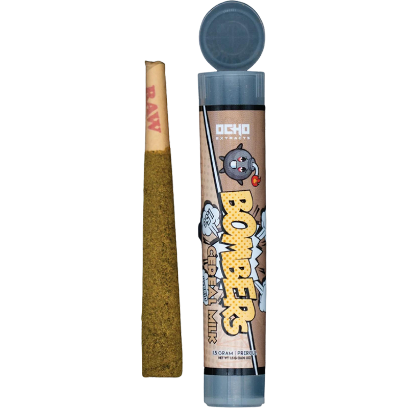 Cereal Milk (Hybrid): Ocho Extracts Bombers Caviar Pre-Roll, Cereal Milk Hybrid strain, wrapped in THCA diamonds and CBG kief, delivering a balanced, smooth smoke with Delta-8 and CBD.
