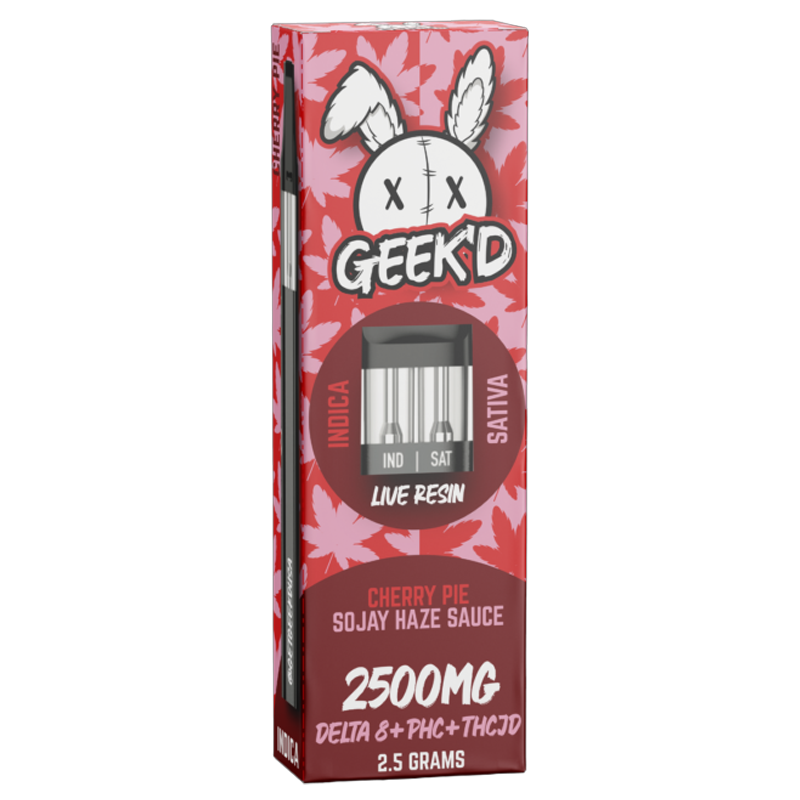Cherry Pie / Sojay Haze Sauce: Geek'd Extracts 2-in-1 Disposable with Cherry Pie (Indica) and Sojay Haze (Sativa) Sauce, combining relaxing and energizing effects in one device.