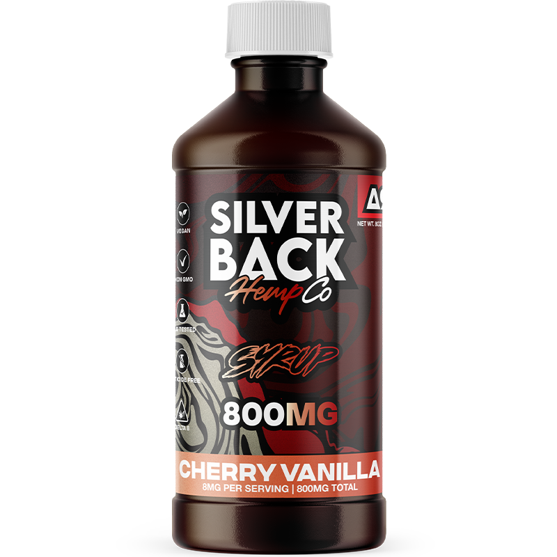 Cherry Vanilla: A bottle of Silverback Hemp Co. Delta-9 Syrup in Cherry Vanilla flavor, combining sweet cherries and smooth vanilla for a soothing treat.