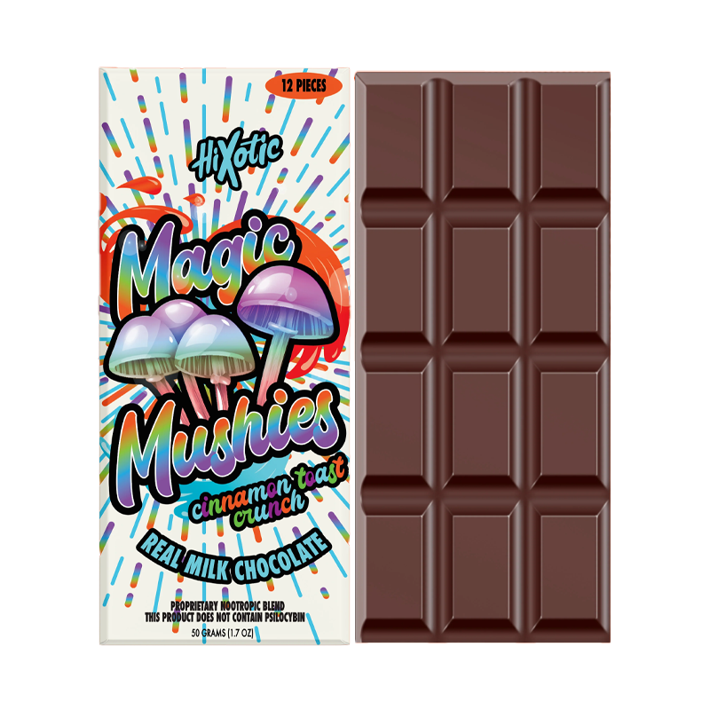 Cinnamon Toast Crunch: "Hixotic Magic Mushies Chocolate – Cinnamon Toast Crunch flavor, a sweet and spiced nootropic-infused chocolate bar for a mindful experience.