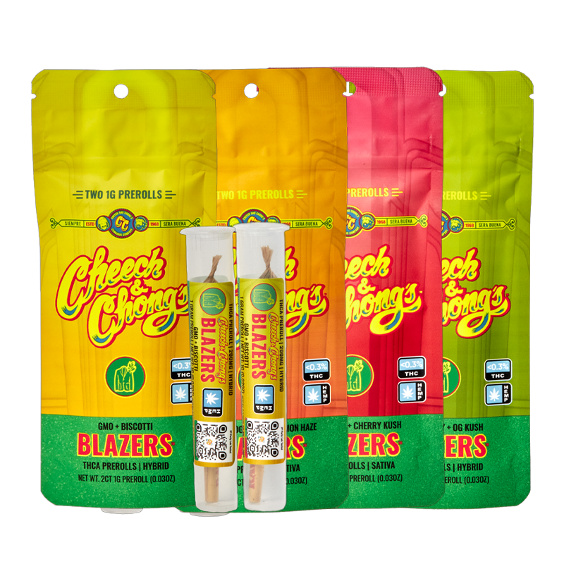 Cheech & Chong's Blazers THCA Pre-Rolls 2G - 1g of premium THCA hemp flower per pre-roll, available in Indica, Sativa, and Hybrid strains.