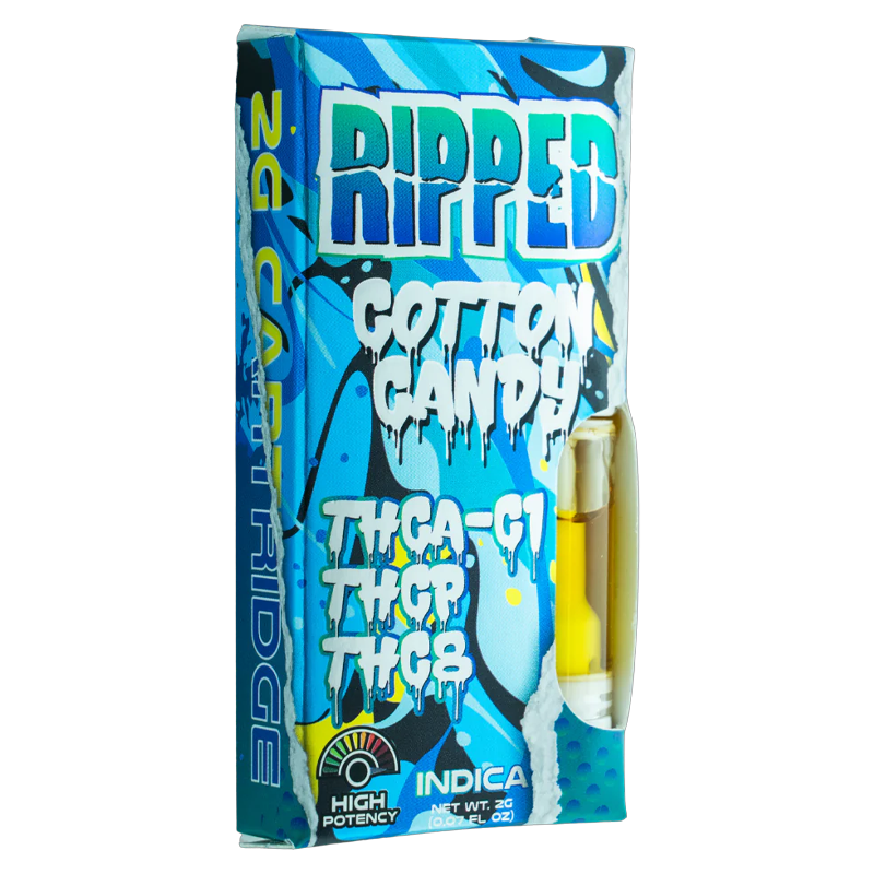 Cotton Candy: Ocho Extracts RIPPED 2G Cart, Cotton Candy strain, delivering a sweet and smooth vaping experience with potent THCA-C1, THC-P, and THC-8 cannabinoids.
