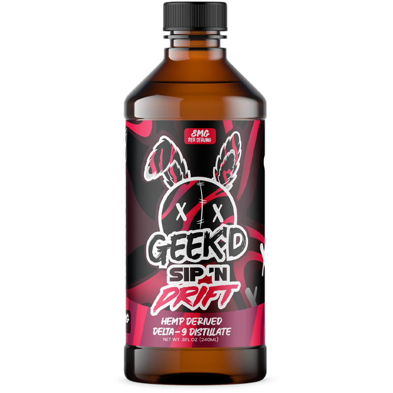 Cran Razz: Geek'd SIP 'N DRIFT Cran Razz Delta-9 Distillate, combining tart cranberry with sweet raspberry for a refreshing, fruity experience.