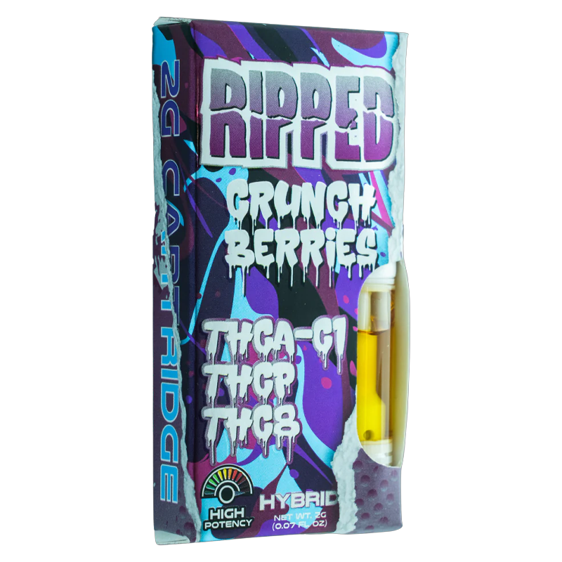 Crunch Berries: Ocho Extracts RIPPED 2G Cart, Crunch Berries strain, offering a balanced high with THCA-C1, THC-P, and THC-8 for a flavorful, satisfying vape.