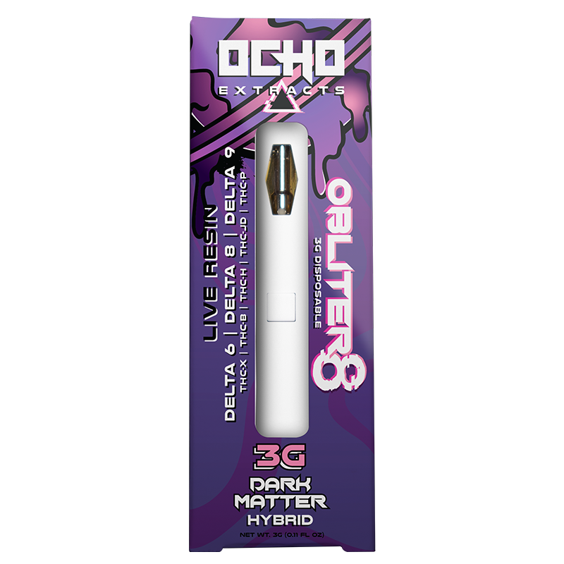 Dark Matter: Ocho Extracts Obliter8 3G Disposable, Dark Matter strain, delivering a rich live resin blend of Delta-6, Delta-8, THC-P, and THC-X for a balanced and potent vape.