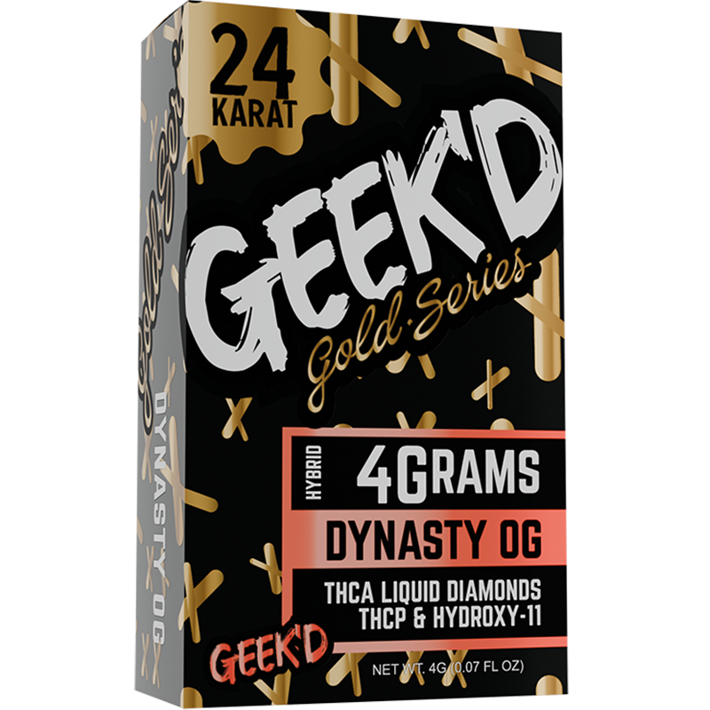 Dynasty OG (Hybrid): Geek'd 24K Gold Series Dynasty OG vape pen, featuring earthy, piney notes with relaxing hybrid effects, ideal for unwinding and stress relief.