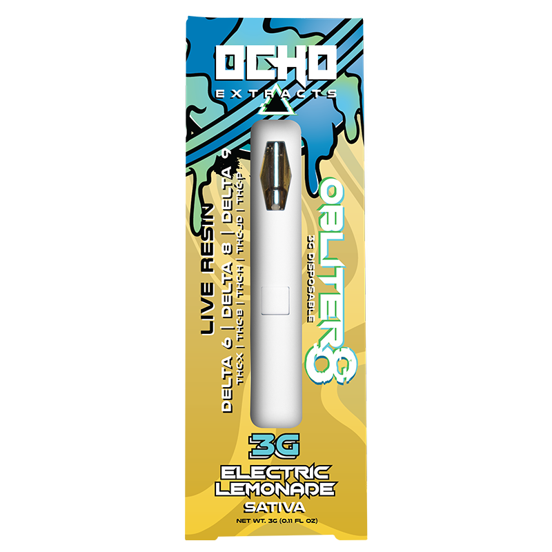 Electric Lemonade: Ocho Extracts Obliter8 3G Disposable, Electric Lemonade strain, featuring a citrusy, energizing blend of Delta-6, Delta-8, THC-P, and THC-X for a zesty, uplifting vape.