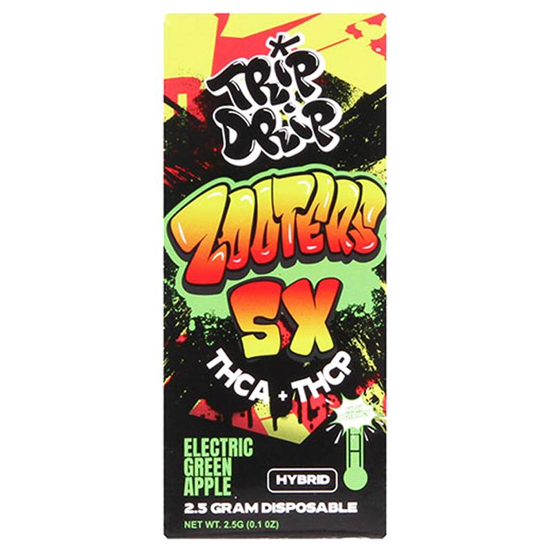 Electric Green Apple (Hybrid): A Trip Drip Zooters 5x Disposable Vape in Electric Green Apple, featuring a refreshing hybrid experience with tart apple flavor and smooth effects.