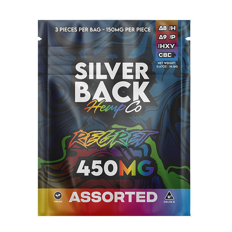 Silverback Hemp Co. REGRET Gummies in assorted fruit flavors, featuring a high-potency blend of Delta-8, Delta-9, THC-P, THC-H, Hydroxy, and CBD for a powerful experience.