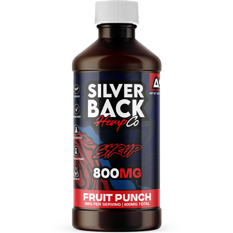 Fruit Punch: A bottle of Silverback Hemp Co. Delta-9 Syrup in Fruit Punch flavor, bursting with tropical sweetness for a vibrant Delta-9 experience.