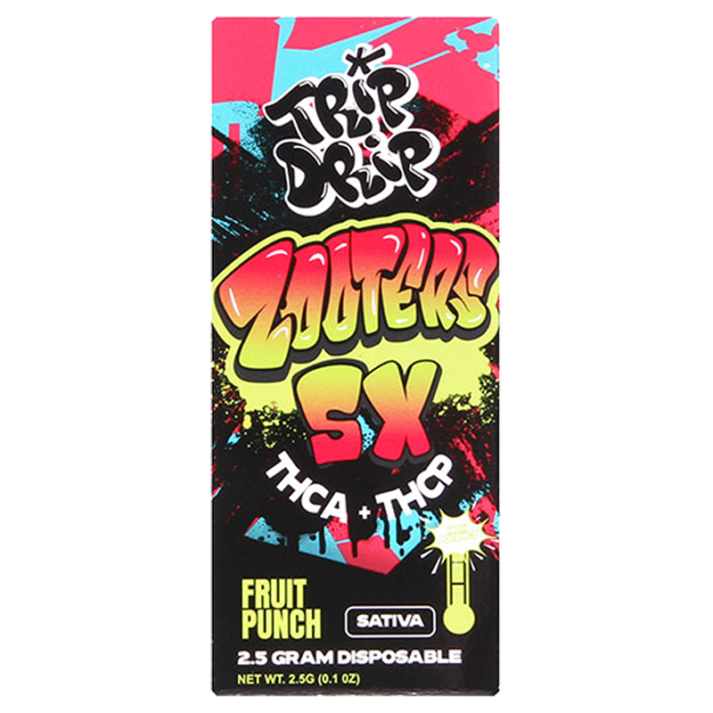 Fruit Punch (Sativa): A Trip Drip Zooters 5x Disposable Vape in Fruit Punch, offering a tropical sativa experience with a smooth, flavorful inhale and potent cannabinoids.