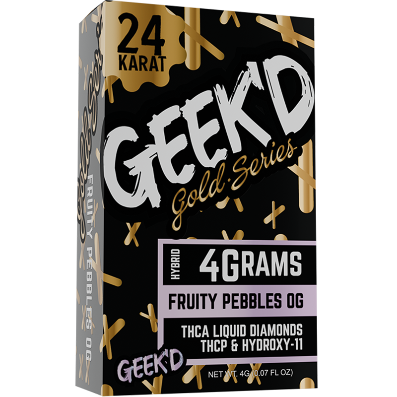 Fruity Pebbles OG (Hybrid): Geek'd 24K Gold Series Fruity Pebbles OG vape pen, showcasing a smooth, fruity aroma with balanced hybrid effects for a creative, uplifting experience.