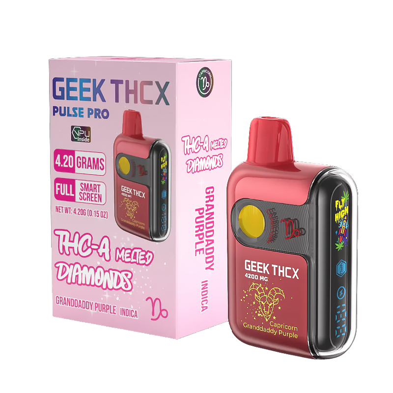 Granddaddy Purp (Capricorn) Geek THCX Pulse Pro – Indica – Classic grape-flavored Indica vape delivering full-body relaxation with THCA Melted Diamonds.