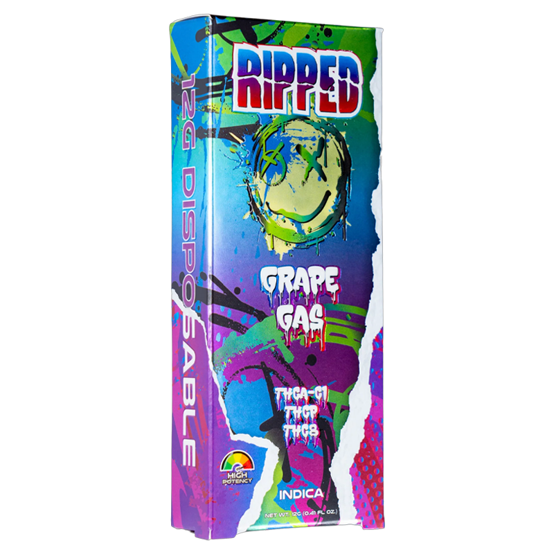 Grape Gas: Ocho Extracts RIPPED Disposable 12G, Grape Gas strain, delivering potent effects from THCA-C1, THC-P, and THC-8, perfect for unwinding after a long day.