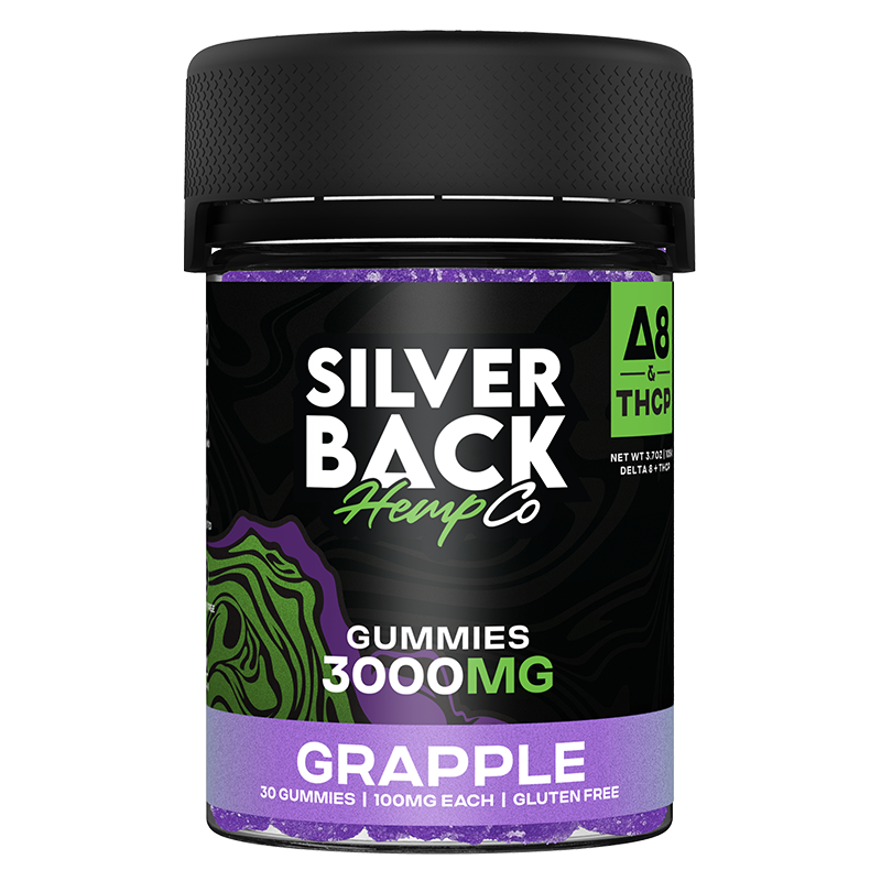 Grapple (Delta 8 + THCP): A gummy of Silverback Hemp Co THC-P + Delta 8 in Grapple flavor, blending sweet grape and tangy apple for a flavorful experience with 100mg+ Delta 8 + THCP per gummy.