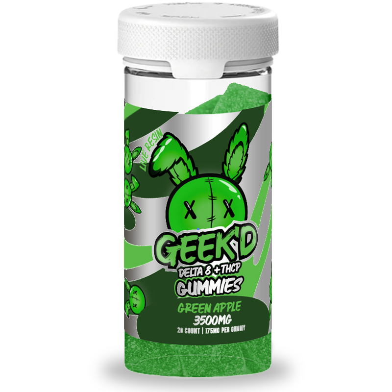 Green Apple: A jar of Geek'd Delta 8 + THCP Gummies in Green Apple flavor, offering a tart, crisp taste with 175mg of Delta-8 and THC-P for ultimate relaxation.